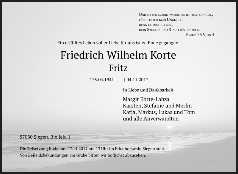  Traueranzeige für Friedrich Wilhelm Korte vom 11.11.2017 aus Siegener Zeitung