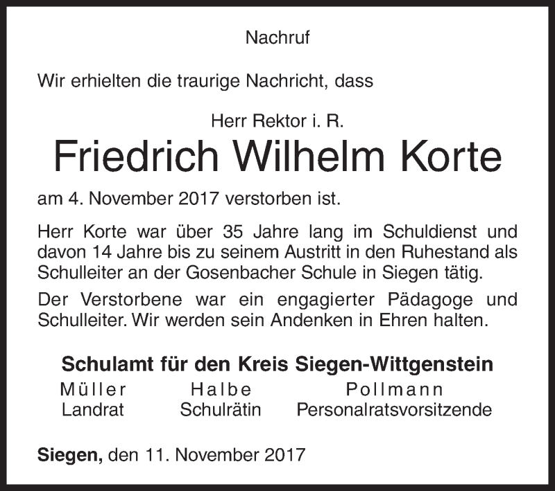  Traueranzeige für Friedrich Wilhelm Korte vom 11.11.2017 aus Siegener Zeitung