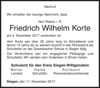 Traueranzeige von Friedrich Wilhelm Korte von Siegener Zeitung