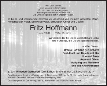 Traueranzeige von Fritz Hoffmann von Siegener Zeitung