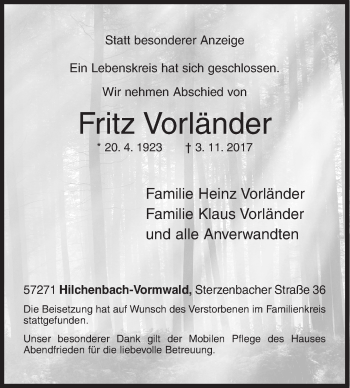 Traueranzeige von Fritz Vorländer von Siegener Zeitung