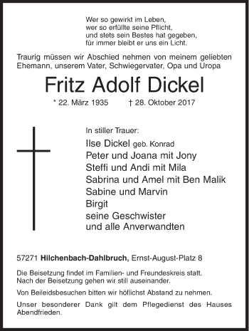 Traueranzeige von Fritz Adolf Dickel von Siegener Zeitung