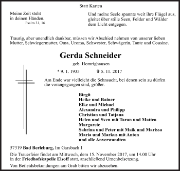 Traueranzeige von Gerda Schneider von Siegener Zeitung