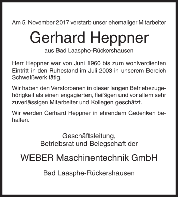 Traueranzeige von Gerhard Heppner von Siegener Zeitung