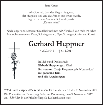 Traueranzeige von Gerhard Heppner von Siegener Zeitung