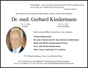 Traueranzeige von Gerhard Kindermann von Siegener Zeitung