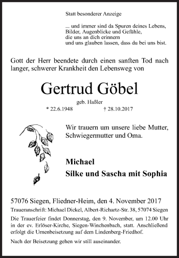 Traueranzeige von Gertrud Göbel von Siegener Zeitung