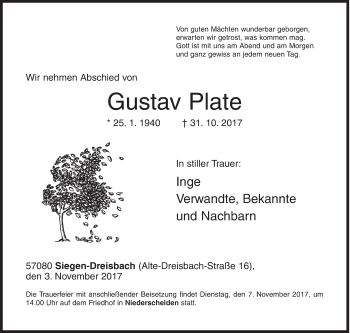 Traueranzeige von Gustav Plate von Siegener Zeitung