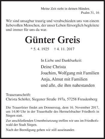 Traueranzeige von Günter Greis von Siegener Zeitung