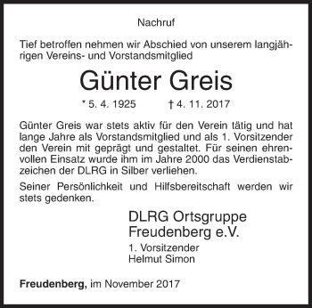Traueranzeige von Günter Greis von Siegener Zeitung