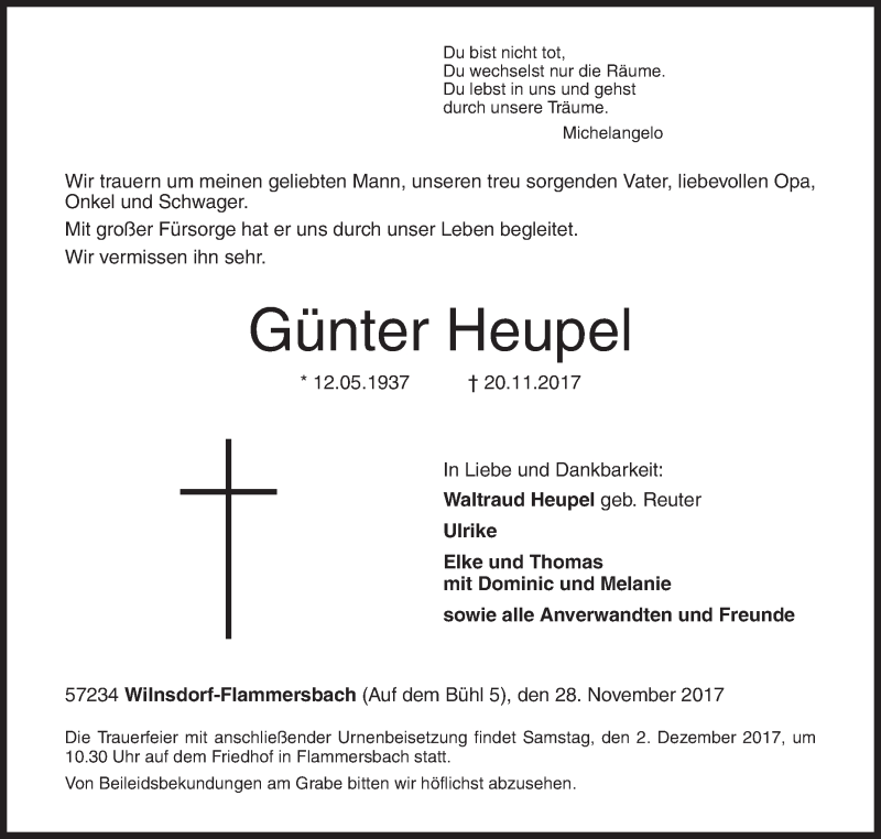  Traueranzeige für Günter Heupel vom 28.11.2017 aus Siegener Zeitung