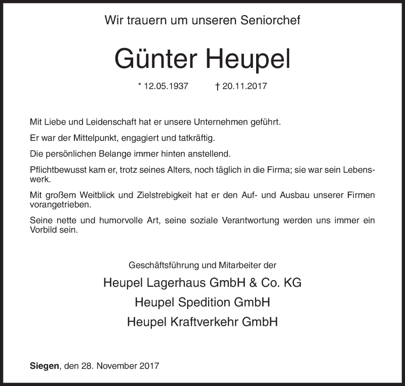  Traueranzeige für Günter Heupel vom 28.11.2017 aus Siegener Zeitung