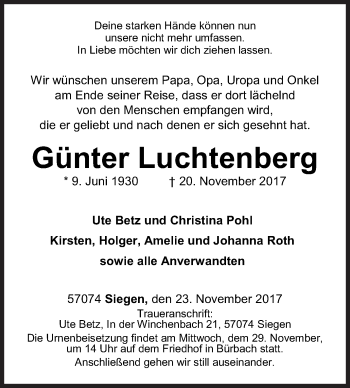 Traueranzeige von Günter Luchtenberg von Siegener Zeitung