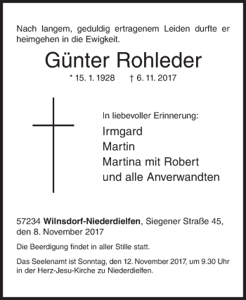 Traueranzeige von Günter Rohleder von Siegener Zeitung