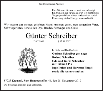 Traueranzeige von Günter Schreiber von Siegener Zeitung