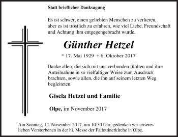 Traueranzeige von Günther Hetzel von Siegener Zeitung