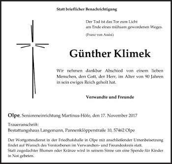Traueranzeige von Günther Klimek von Siegener Zeitung