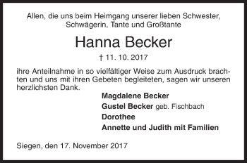 Traueranzeige von Hanna Becker von Siegener Zeitung