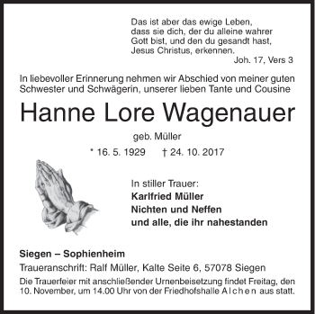 Traueranzeige von Hanne Lore Wagenauer von Siegener Zeitung