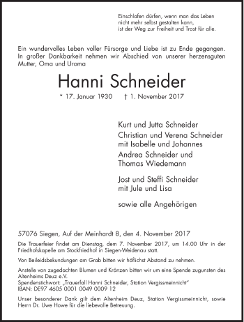 Traueranzeige von Hanni Schneider von Siegener Zeitung