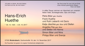 Traueranzeige von Hans-Erich Huethe von Siegener Zeitung