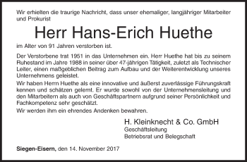 Traueranzeige von Hans-Erich Huethe von Siegener Zeitung