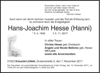 Traueranzeige von Hans-Joachim Hesse von Siegener Zeitung