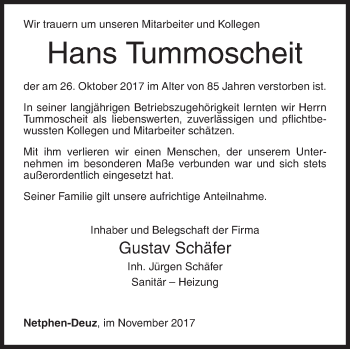 Traueranzeige von Hans Tummoscheit von Siegener Zeitung