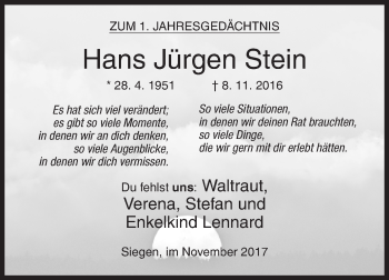 Traueranzeige von Hans Jürgen Stein von Siegener Zeitung
