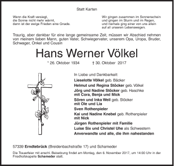 Traueranzeige von Hans Werner Völkel von Siegener Zeitung