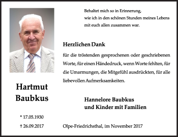 Traueranzeige von Hartmut Baubkus von Siegener Zeitung