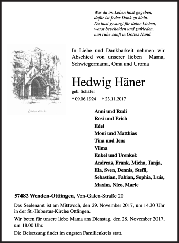 Traueranzeige von Hedwig Häner von Siegener Zeitung