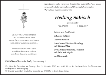 Traueranzeige von Hedwig Sabisch von Siegener Zeitung