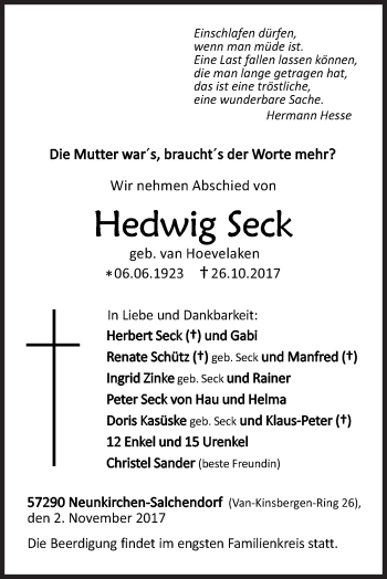 Traueranzeige von Hedwig Seck von Siegener Zeitung