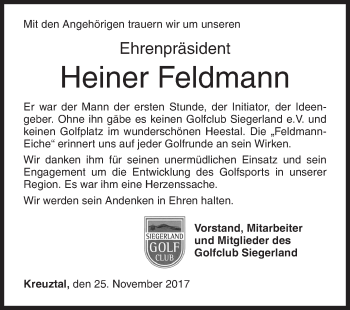 Traueranzeige von Heiner Feldmann von Siegener Zeitung