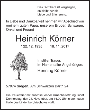 Traueranzeige von Heinrich Körner von Siegener Zeitung