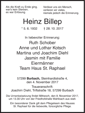 Traueranzeige von Heinz Billep von Siegener Zeitung