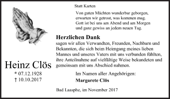 Traueranzeige von Heinz Clös von Siegener Zeitung