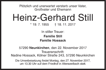 Traueranzeige von Heinz-Gerhard Still von Siegener Zeitung