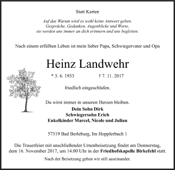 Traueranzeige von Heinz Landwehr von Siegener Zeitung
