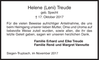 Traueranzeige von Helene Treude von Siegener Zeitung