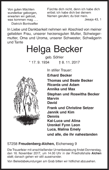 Traueranzeige von Helga Becker von Siegener Zeitung
