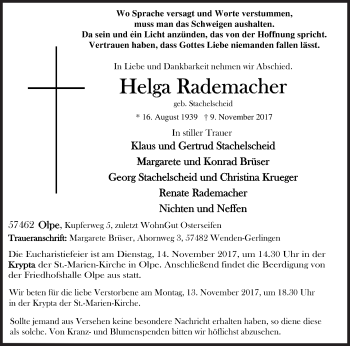 Traueranzeige von Helga Rademacher von Siegener Zeitung