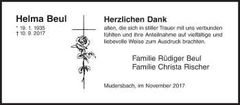 Traueranzeige von Helma Beul von Siegener Zeitung
