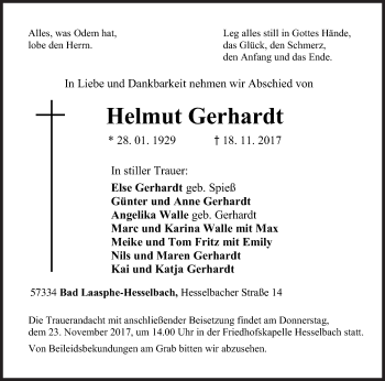 Traueranzeige von Helmut Gerhardt von Siegener Zeitung