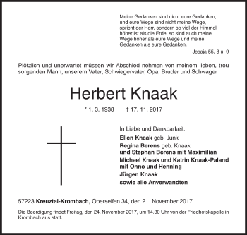 Traueranzeige von Herbert Knaak von Siegener Zeitung