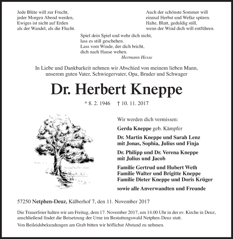  Traueranzeige für Herbert Kneppe vom 11.11.2017 aus Siegener Zeitung