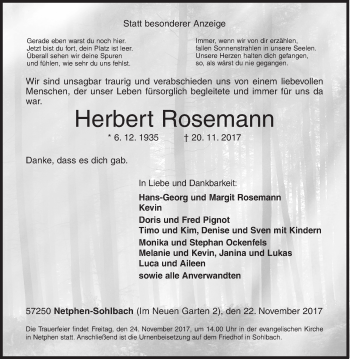 Traueranzeige von Herbert Rosemann von Siegener Zeitung