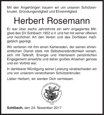 Traueranzeige von Herbert Rosemann von Siegener Zeitung