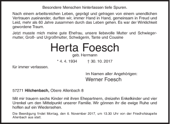 Traueranzeige von Herta Foesch von Siegener Zeitung